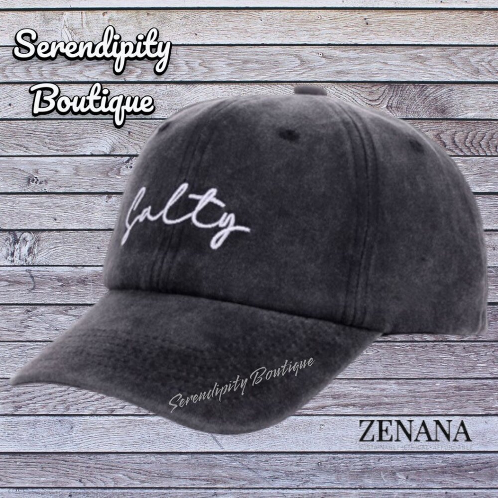 Zenana Salty Embroidered Black Mineral Wash Cotton Baseball Cap Hat - Picture 4 of 7